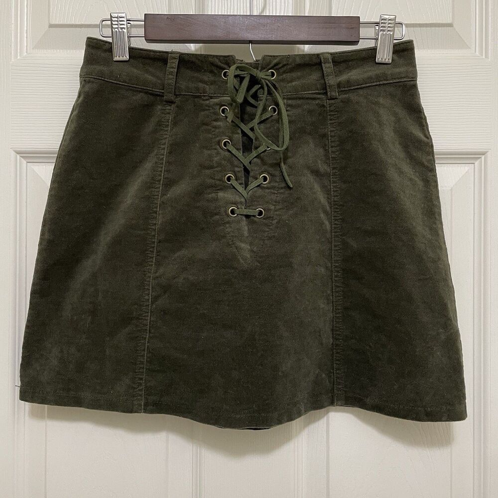 Forever‎ 21 Lace Up Corduroy Mini Skirt Olive Green Velvety Soft Grunge Sz Small